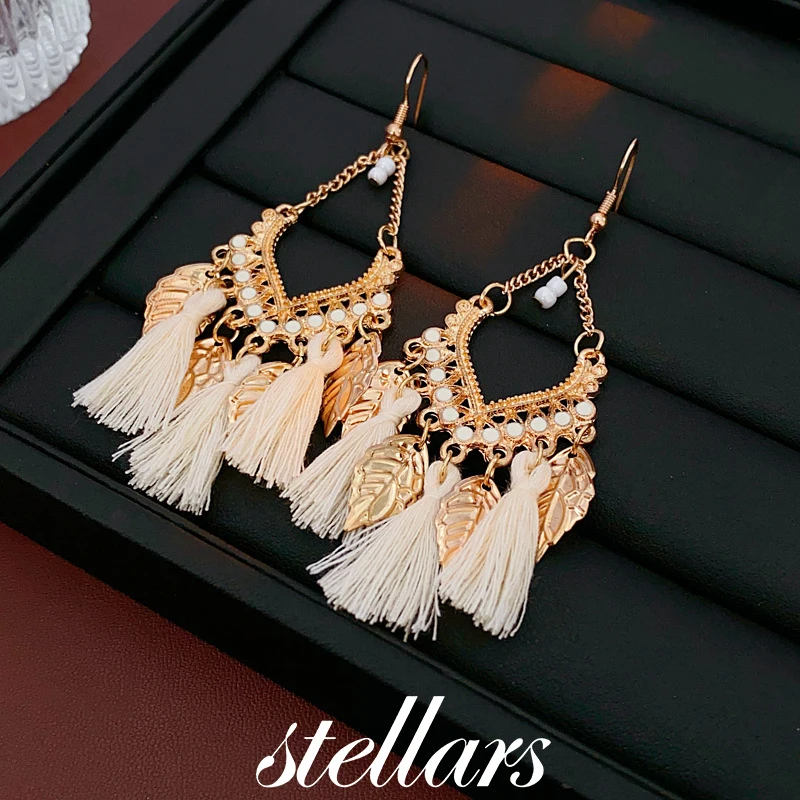 

Leaf And Feather Tassel Hook Earrings Vintage Ethnic Style Enamel round Bohemian Vacation Accessory Niche Jewelry
