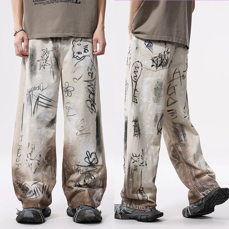 Celana jins pria, celana jins Denim longgar kasual Hip Hop, celana jins Streetwear mode, celana Graffiti jalanan Amerika