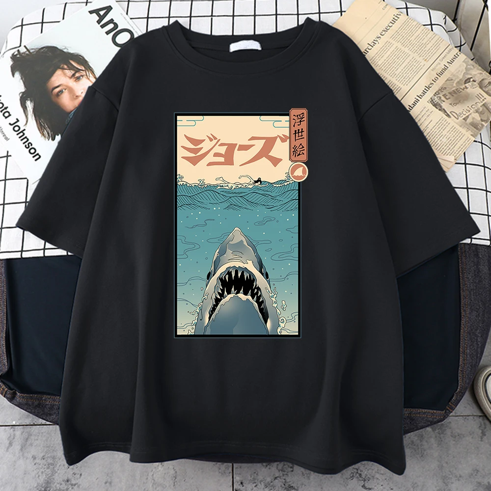 Ukiyoe Shark Cartoons Prints Mens T-Shirts Sport Vintage Tshirt Style Oversized T-Shirt Fashion Comfortable Male Short Sleeve