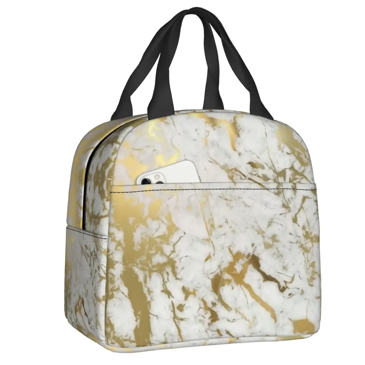 Gold Marble Texture Insulated Lunch Bag for Women Abstract Modern Geometric Cooler Thermal Food Lunch Box Outdoor Camping Travel