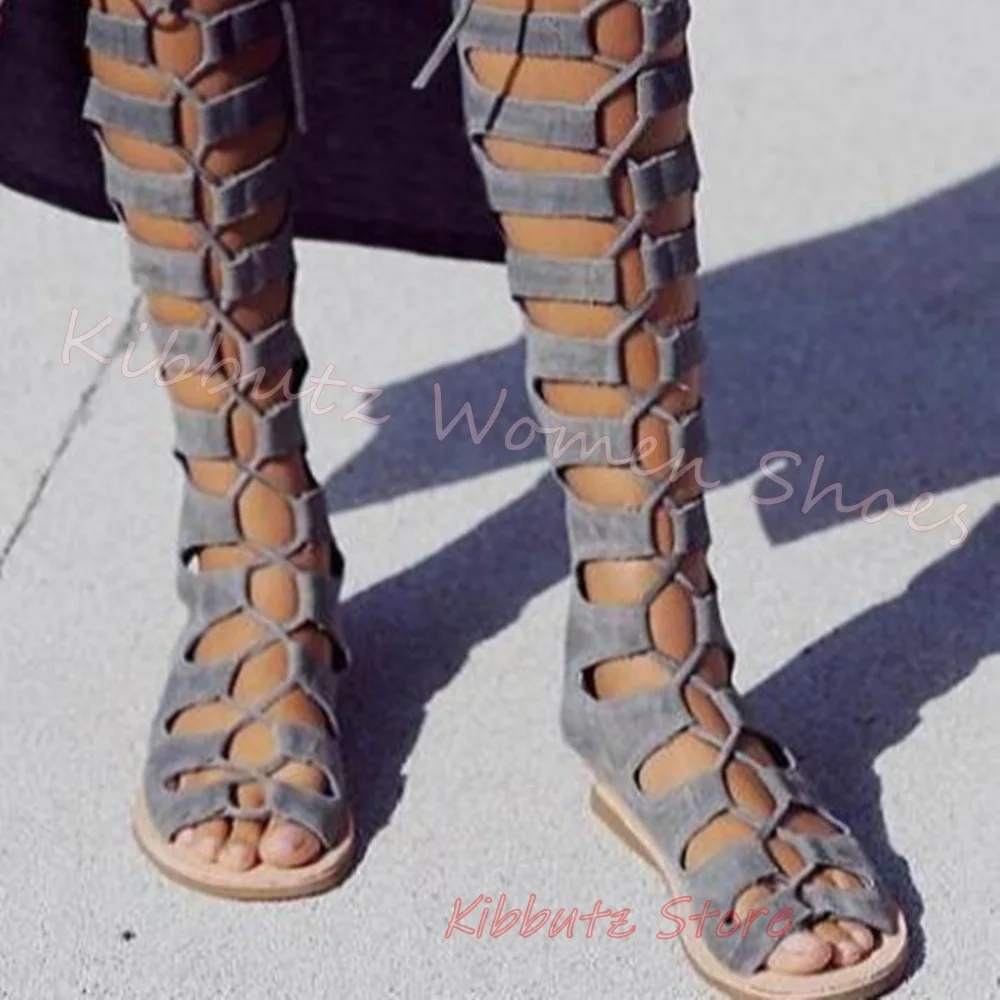 Womens Knee High Gladiator Sandal Boots Snakeskin Print Strappy Lace Up Open Toe Flat with Summer Beach Wrap Shoes Leather Sexy