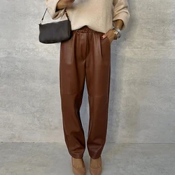 Streetwear Casual Solid PU Leather Pants for Women 2024 Spring Elastic Waist Pocket Trousers Autumn Straight Office Ladies Pants