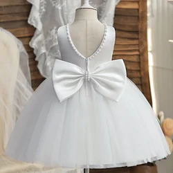 Backless Cute Kid Princess Dress Sleeveless Pearls Elegant Girls Birthday Party Dresses Flower Girls Dress for Wedding Tutu Gown