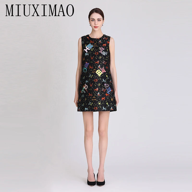 

MIUXIMAO 2023 High Quality Spring&Summer Elegant Dress Sleeveless O-Neck Jacquard Diamonds Fashion Mini Dress Women Vestide