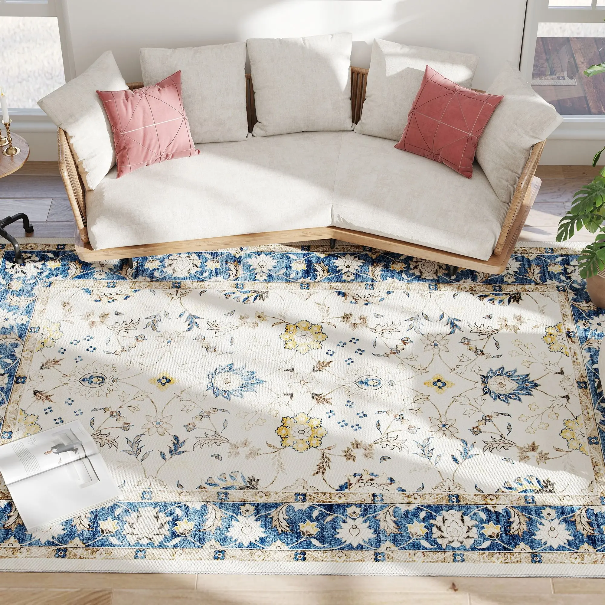 

For HOMCOM Machine Washable Area Rug 8x10, Non-Slip Boho Floral Print Floor Carpet for Living Room, Bedroom, Dining Room, Blue