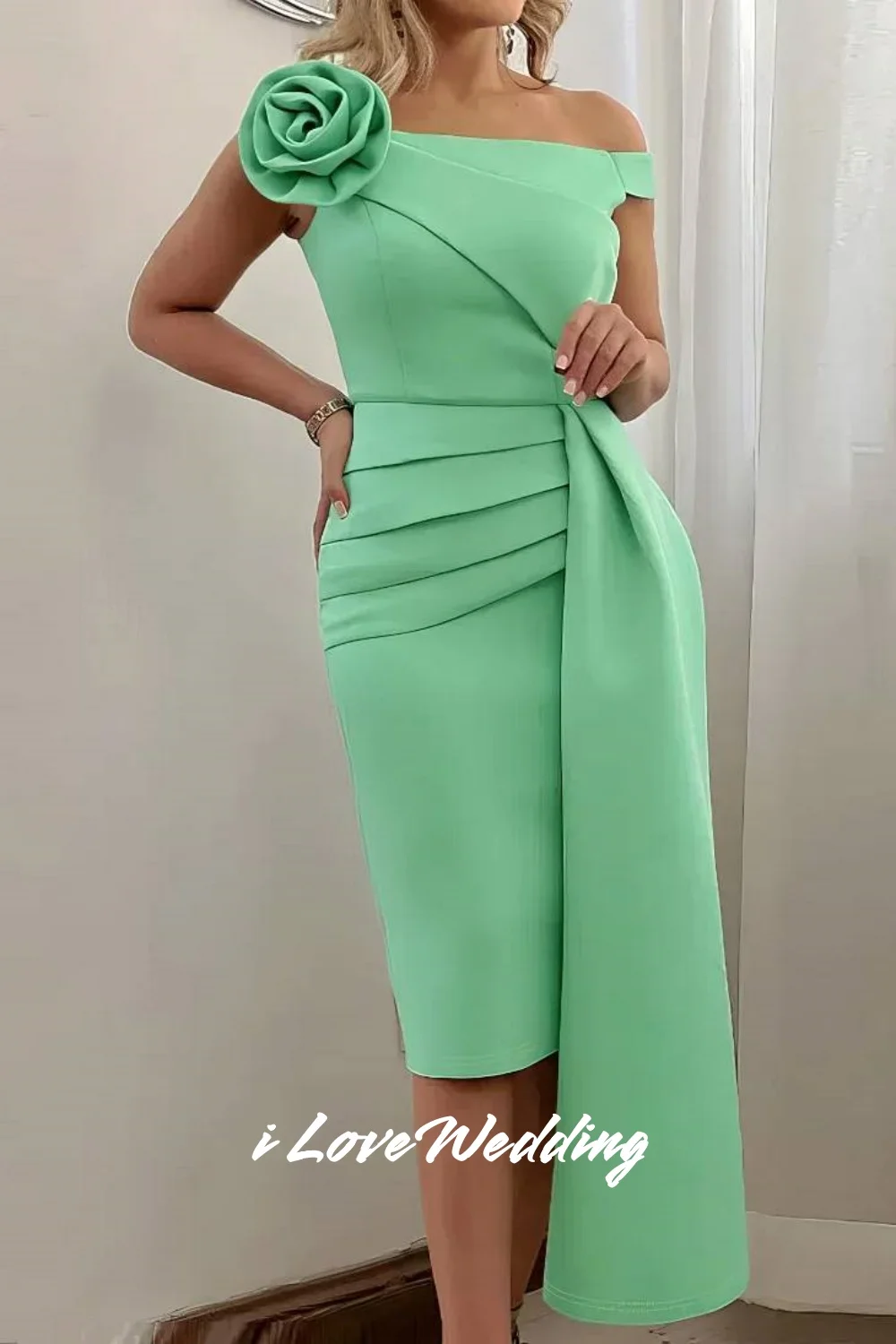 

Mint Green Off Shoulder Evening Dresses 2025 3D Flowers Mermaid Tea-Length Prom Dress Pleated Wedding Party Dresses Customized