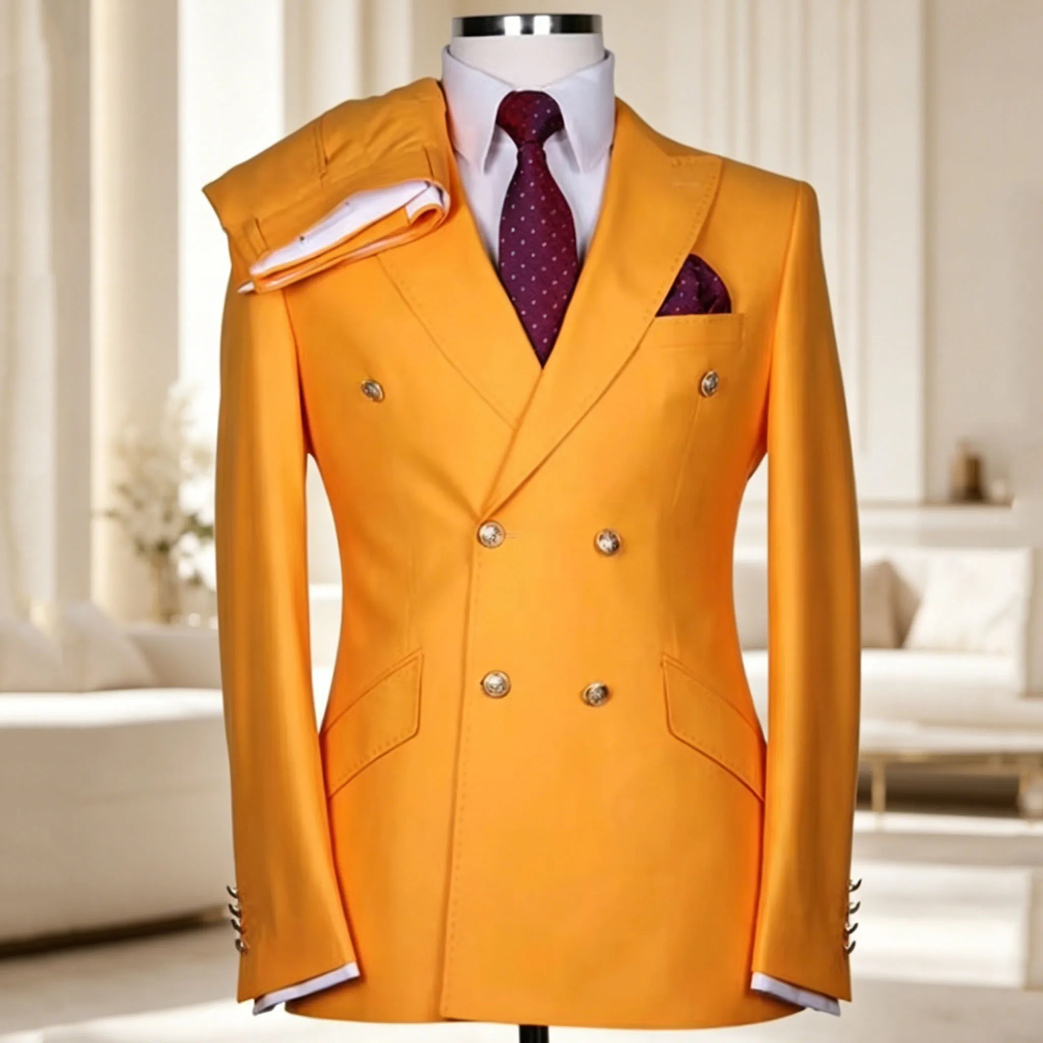 

Men‘s serge Suit 2 Piece Double Breasted Slim Fit Peak Lapel gold button high quality Formal Blazer Pants Formal Business Weddin