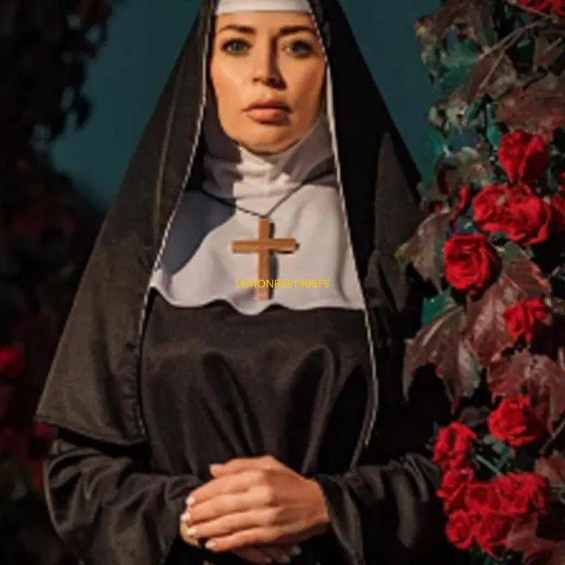 P9jf feminino role play freira roupa com headpiece cruzamento pingente colar meia halloween freira trajes acessórios