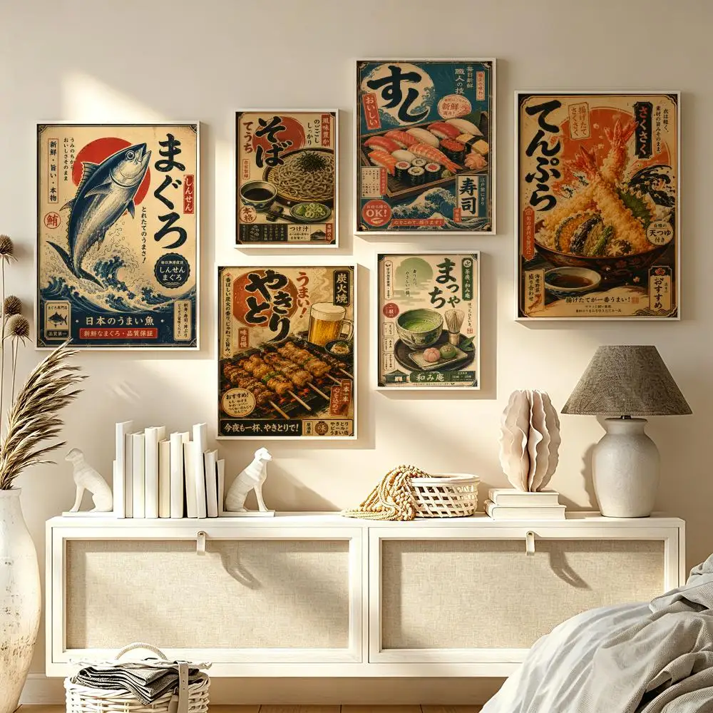 Vintage Japanese Fish Sushi Lamian Noodle Poster Home Living Bed Room Bar Hallway Sticky Wall Art Waterproof Aesthetic Decor