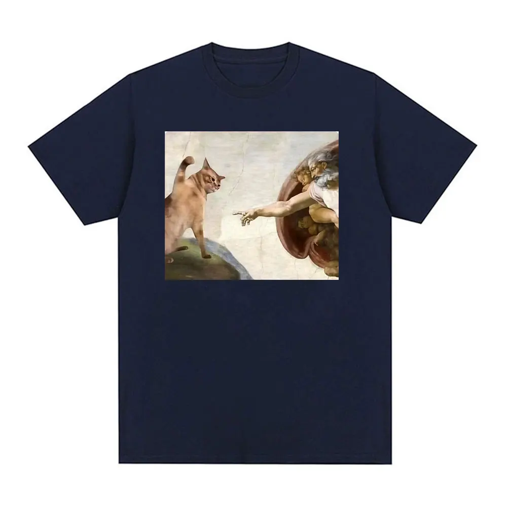 Renaissance Michelangelo Creation Painting Funny Cat Meme T-shirts Men Women Fashion Vintage Cotton Short Sleeve Classic T Shirt