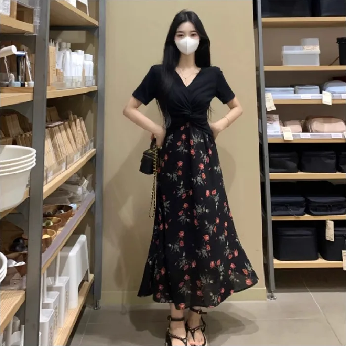 Summer 2025 Women's V-Ne ort Sve Long Dr High Waist A-Line OL Dres Floral Print Commute Sle Polyester Fiber