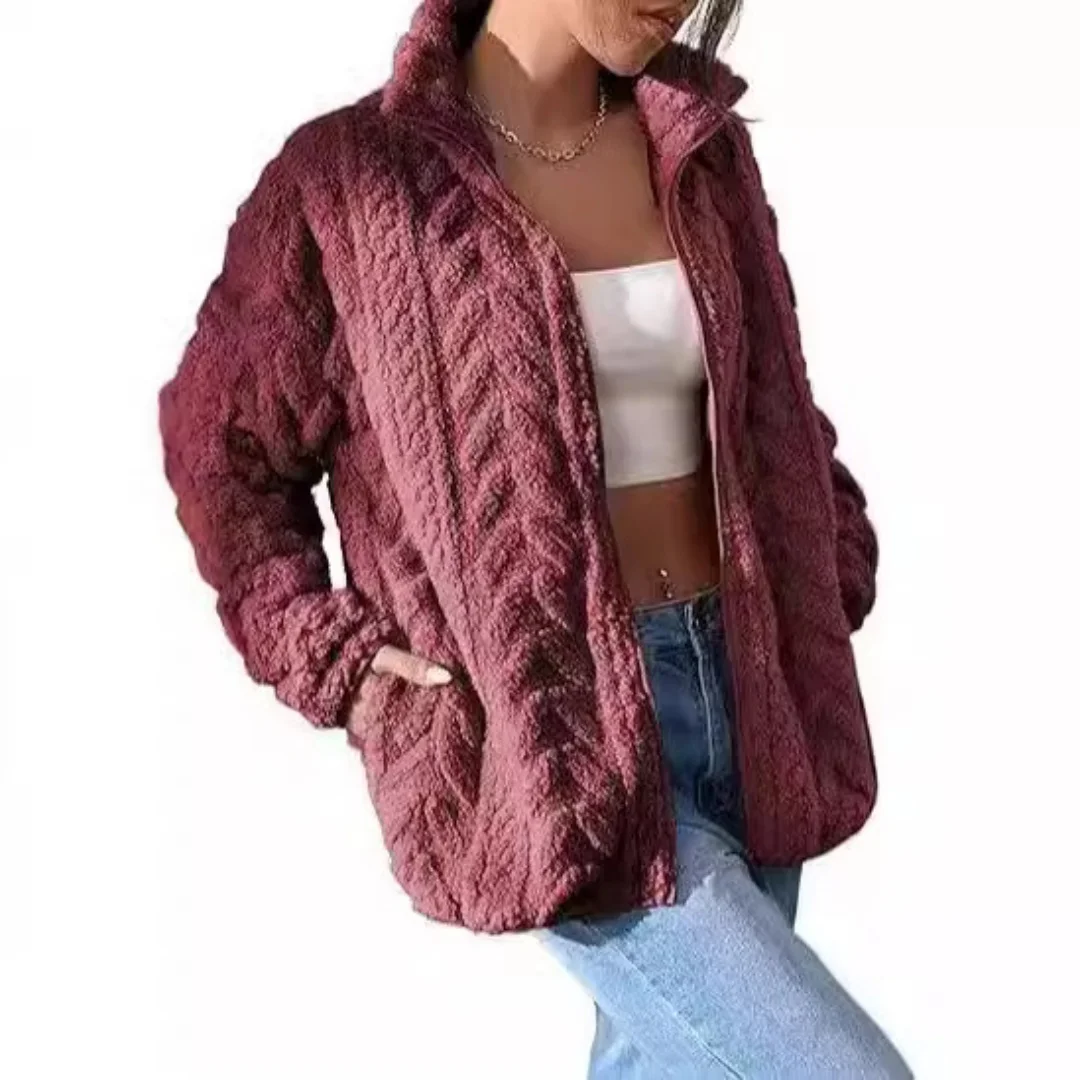 Autumn Winter Women's Casual Zip Cardigan Solid Color Stand Collar Fleece Jacket New Style 2025