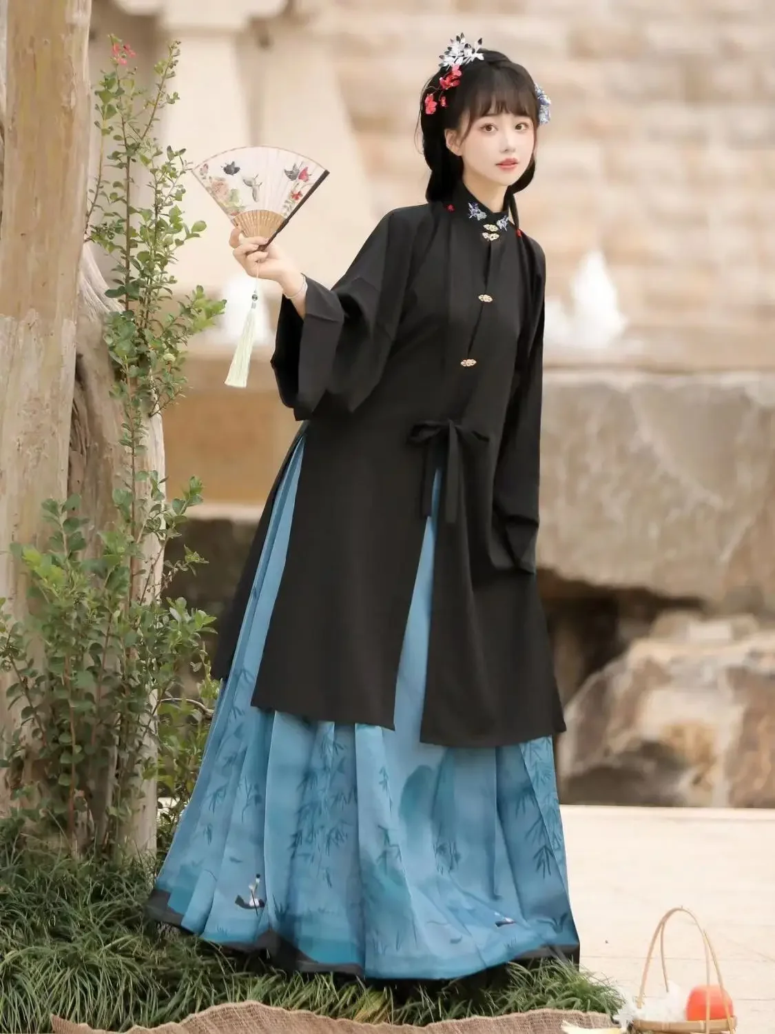 

2024 chinese hanfu female ming dynasty standing collar long jacket pleated pirnted long skirt daily new autumn loose hanfu w397