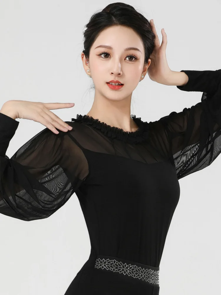 Mesh Patchwork Latin Dance Practice Suit Ballroom Belly Costume Long Sleeves Top Women Waltz Classical Line New Rhinestones Pant