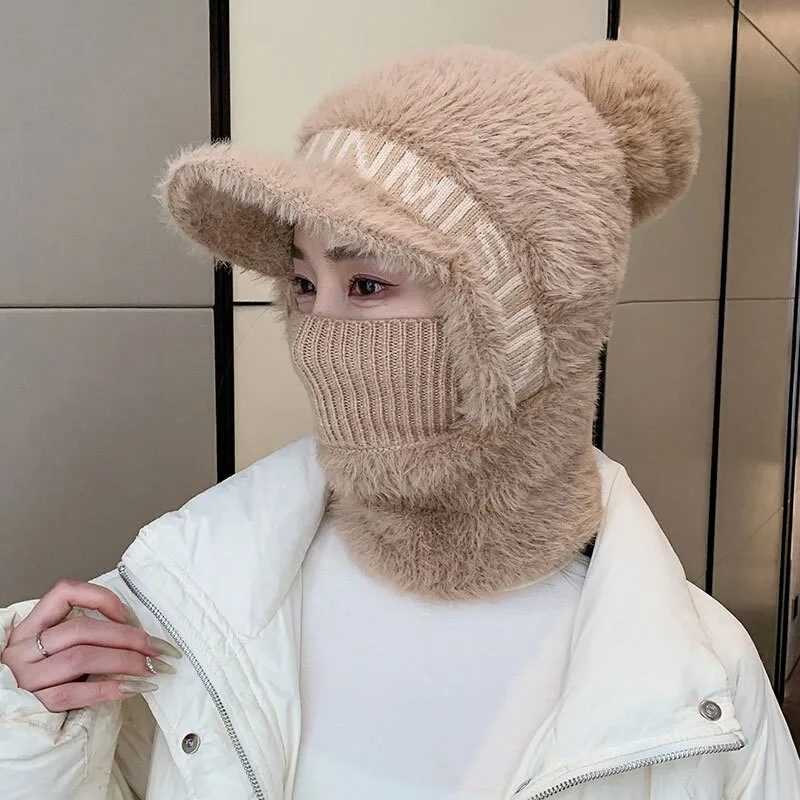 thiened-winter-hat-scarf-two-piece-set-for-women-cycling-windproof-warm-furry-ear-covering-headwear-scarf-combo-by-qu