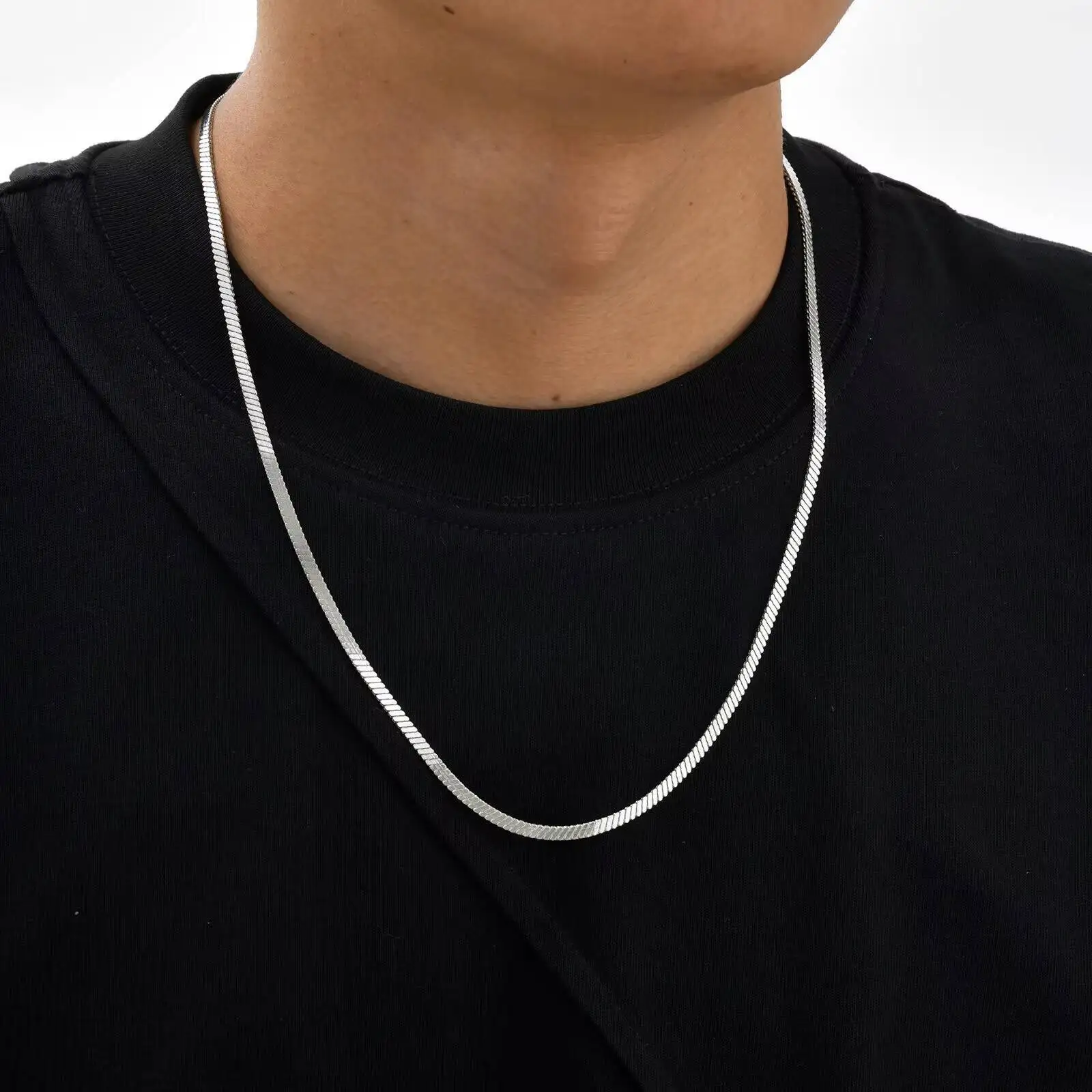Vnox Width 3mm Flat Snake Silver Color Necklace for Men, Stainless Steel Vintage Blade Chain Collar, Hiphop Casual Jewelry Gifts