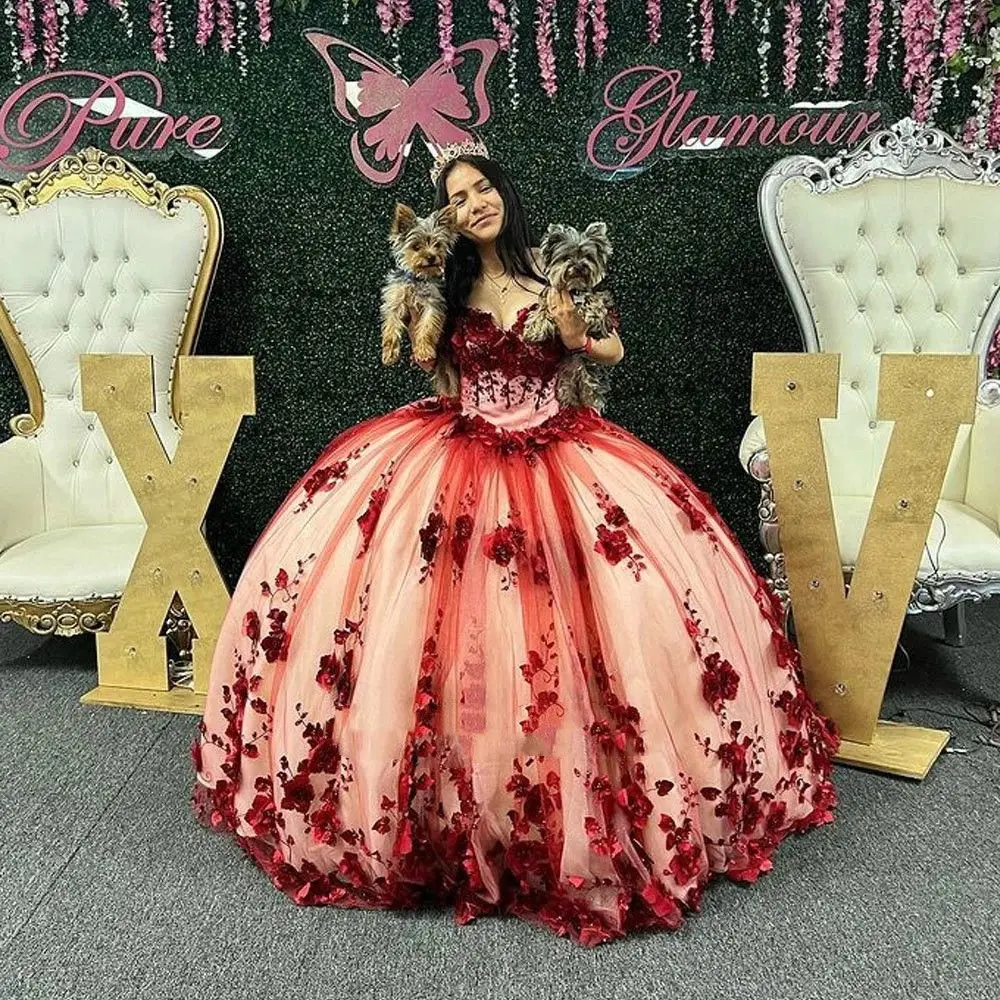 Customized Burgundy 3D Flowers Appliques Lace Quinceanera Dress Ball Gown Beaded Floral Sweet 16 Vestidos De XV Anos YQD485