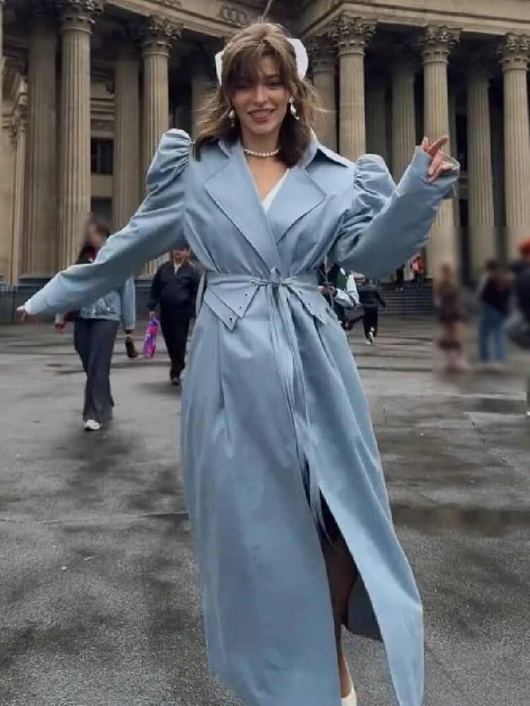 Elegant Blue Lapel Puff Sleeve Belted Long Trench Coat Puff Shoulder Sleeve Back Split Outerwear Women Fall Street Holiday Wear