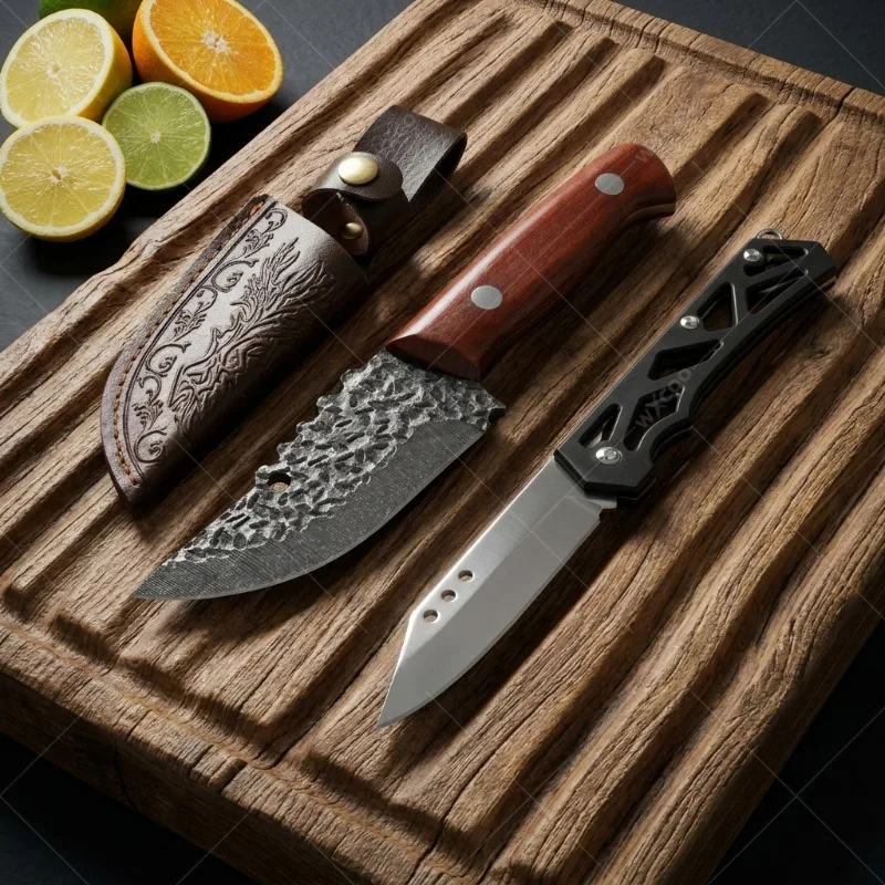 WXCOO Premium Handcrafted Kitchen Knife & Folding Knife Combo, Ergonomic Wood & Hollow Handles for Effortless Food Preparation