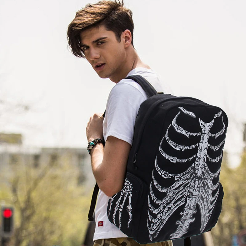 

SHELKSBAG Cool Rock Style Backpack for Men and Women Gothic Skeleton Printed Bags Unisex Designer Skull Hooded Back Pack Travel
