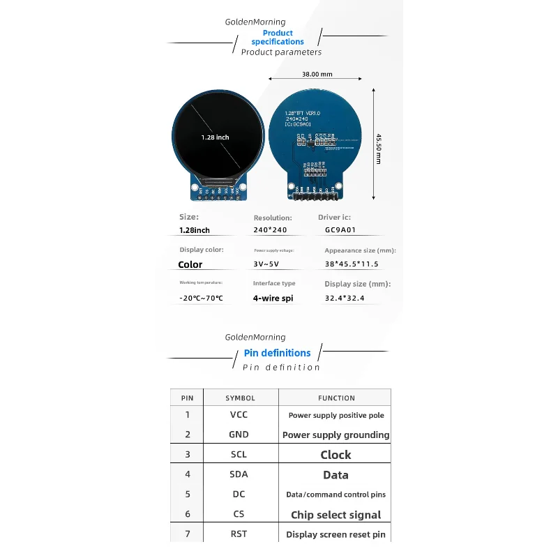 Jin Yichen 1,28 inch TFT LCD-scherm GC9A01 Klein scherm 240x240 Monitor LCD rond scherm SPI-kleurenscherm