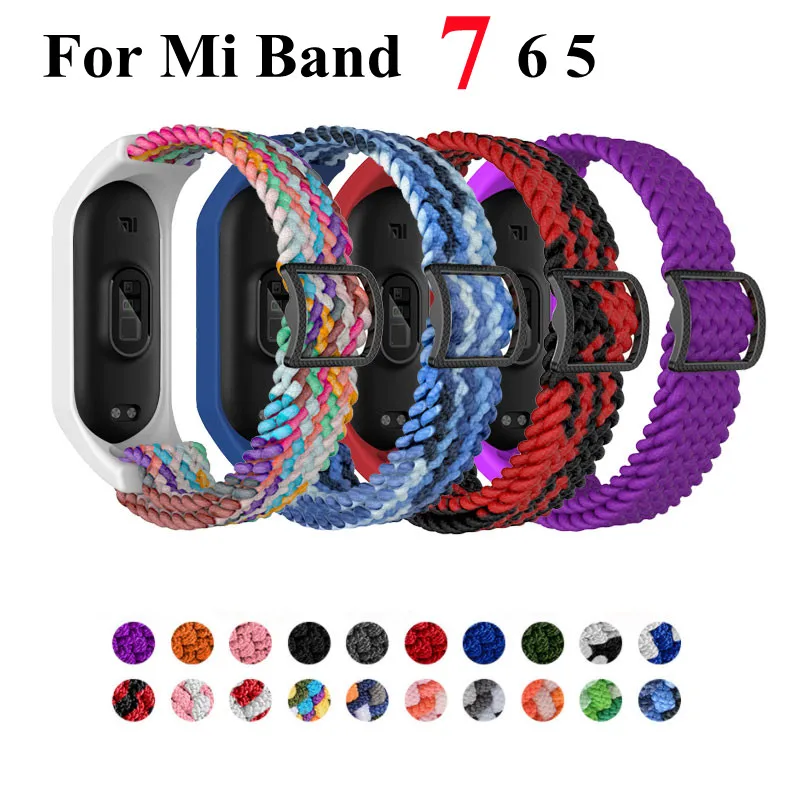 Bracelet for Mi band 7 6 5 Strap Elastic adjustable Nylon Braided Miband7 miband 6 correa Wristband for xiaomi Mi band 5 6 7