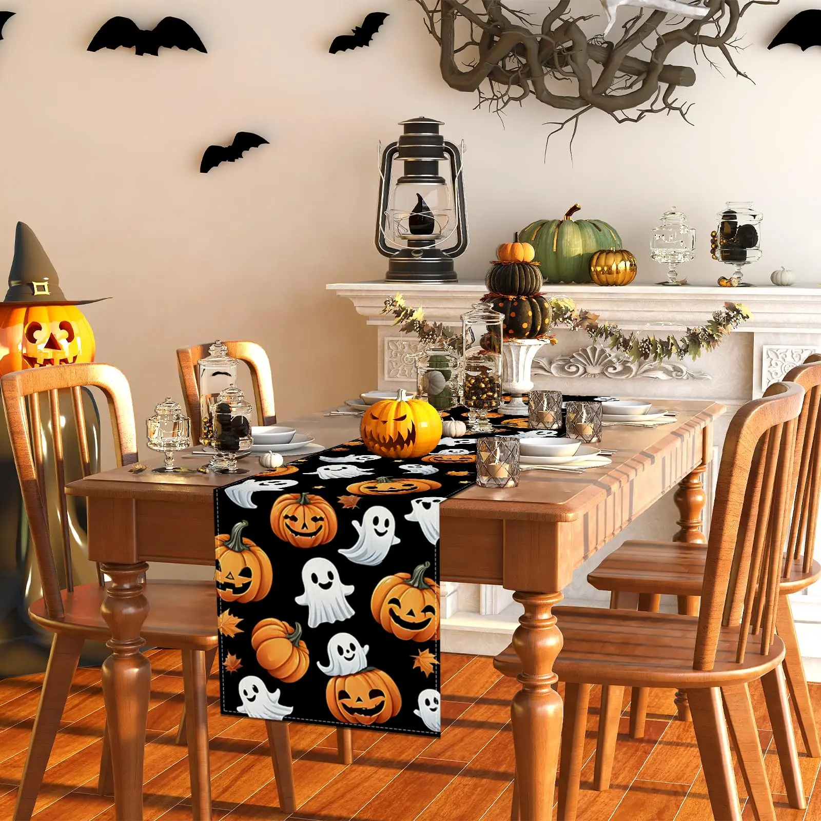 Halloween Table Runner 2D Flat Print Cartoon Ghosts and Pumpkins Brings Spring Vitality&Festive Joy to Home Decor