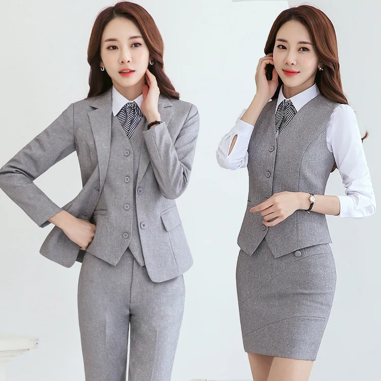 Women Business Suits with 4 pieces Jackets + Pants + Vest & Waistcoat and Blouse with Tie Pantsuits Pants Suits OL Work Wear