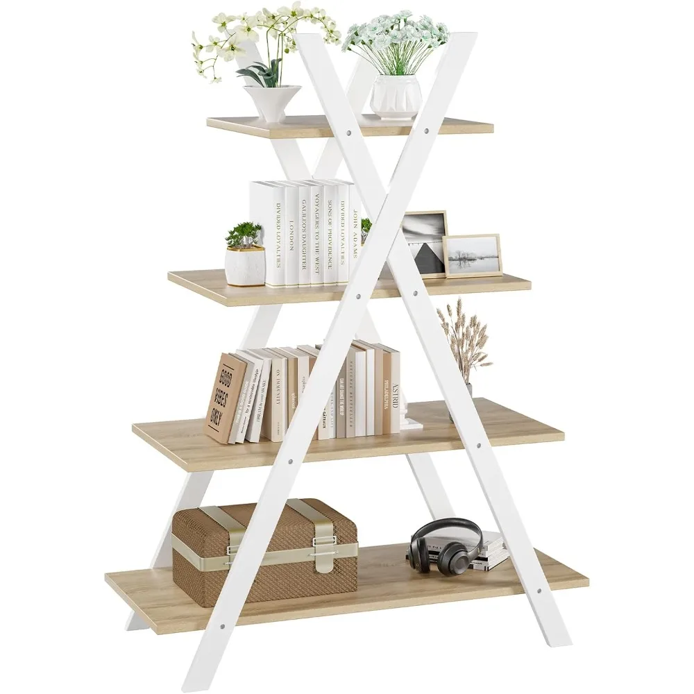

4-Tier Bookshelf, 42.5" Tall A-Frame Wooden Ladder Shelf Plant Stand Rack 11 Potted Flower Holder, Easy Assembly X-Shape Freest