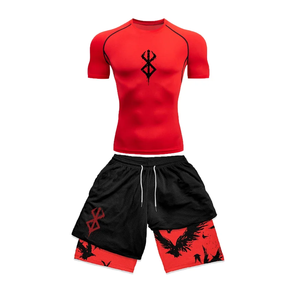 Men's Compression Suit Sports Fitness Quick Drying Suit Tight Short Sleeved Anime Double Layer Shorts Summer mens shorts y2k top