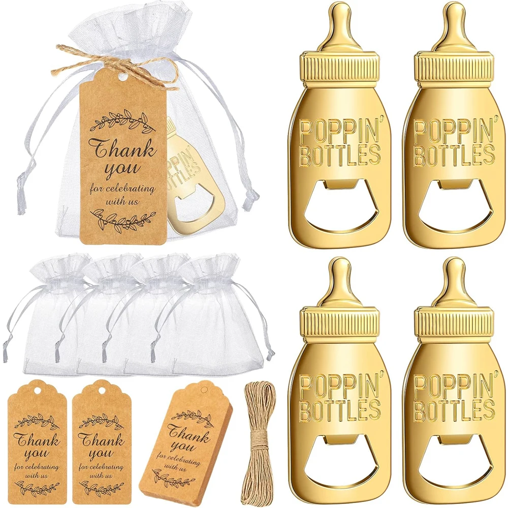 10 set baby shower gift set bottle shaped opener with hard gauze bag commemorative keychain, thank you label themed party gift