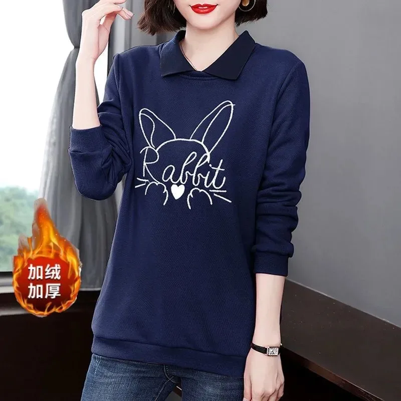 Korean Women Autumn Winter Fleece Lined Embroidered Rabbit Polo Collar Sweatshirt Loose Mid Length Casual Top