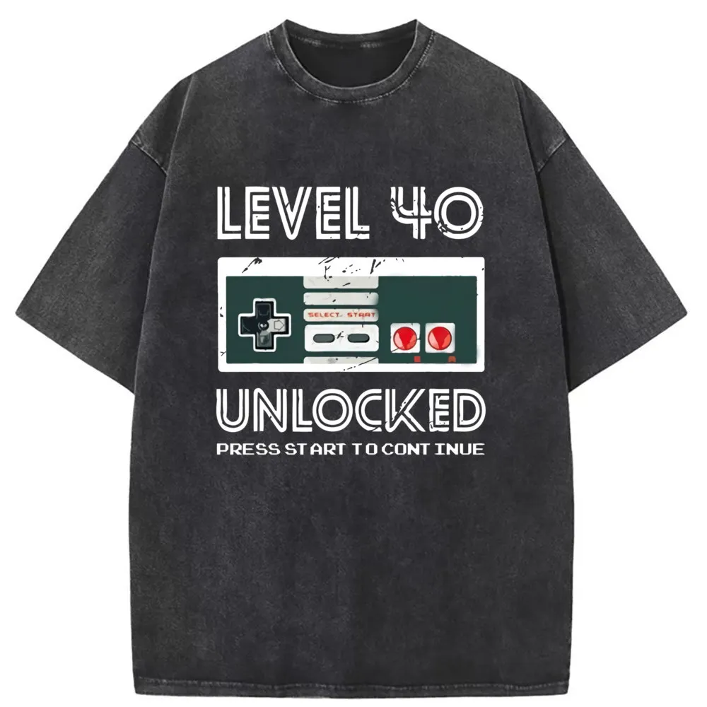 Level 40 Unlocked Man T-shirts Press Start To Continue Long Sleeve Tee Shirt Men High Quality Printed Washed Cotton Sweatshirts