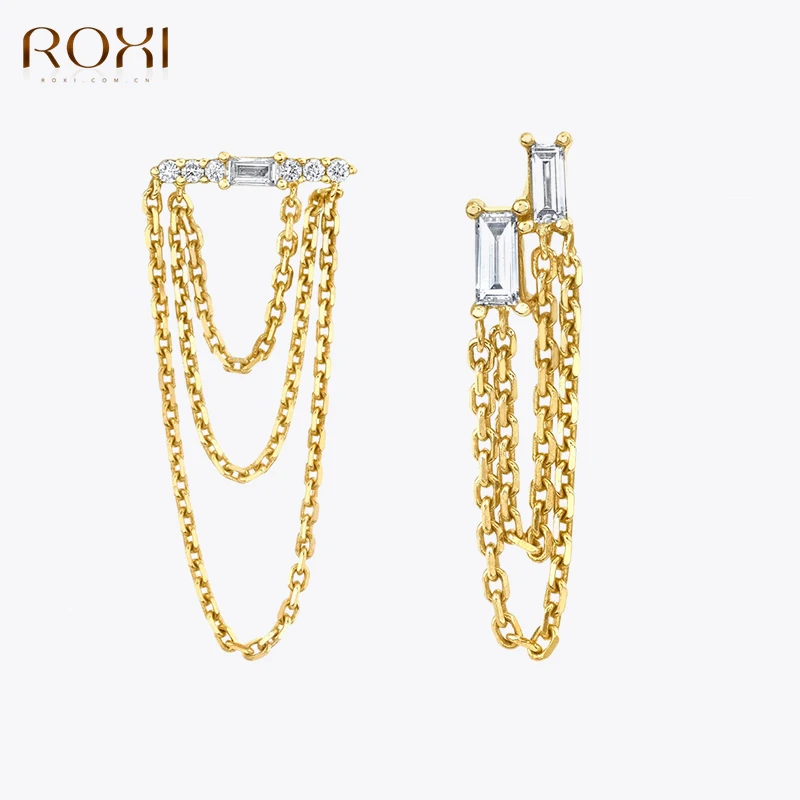 

ROXI 1PC Tassel Chain Geometric Zircon Stud Earrings For Women 18 Gold Plate Earrings Hip Hop 925 Sterling Silver Fine Jewelry