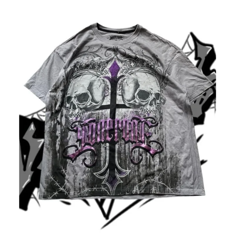 

Cyber Y2K Skull Gothic T Shirt Print Loose Fit Street Punk Fashion Short Sleeve Summer Couple Matching Ventilate Tee