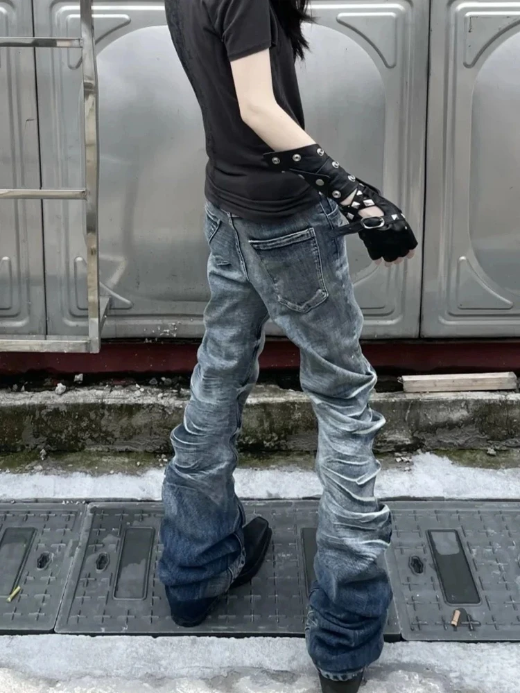 American Vintage Y2k Baggy Flare Jeans Full Length Harajuku Patchwork Denim Punk Style Distressed Mid Waist Retro 2025 Autumn