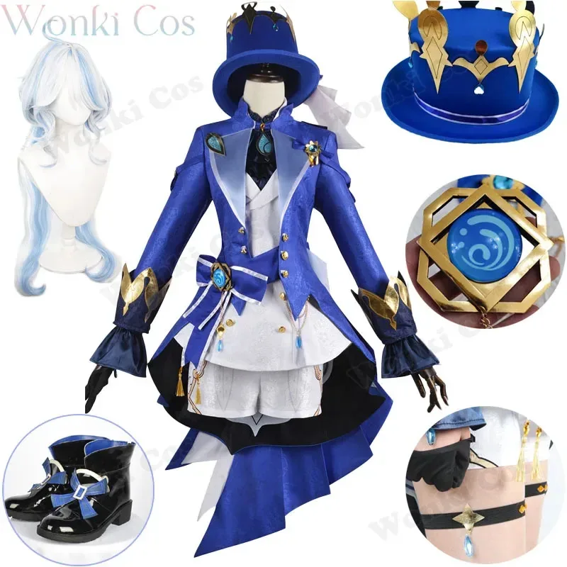 

Furina Cosplay Costume with Hat Full Set Impact Fontaine Hydro Archon Focalors Cosplay Wig White Costumes with Hat Furina Shoes