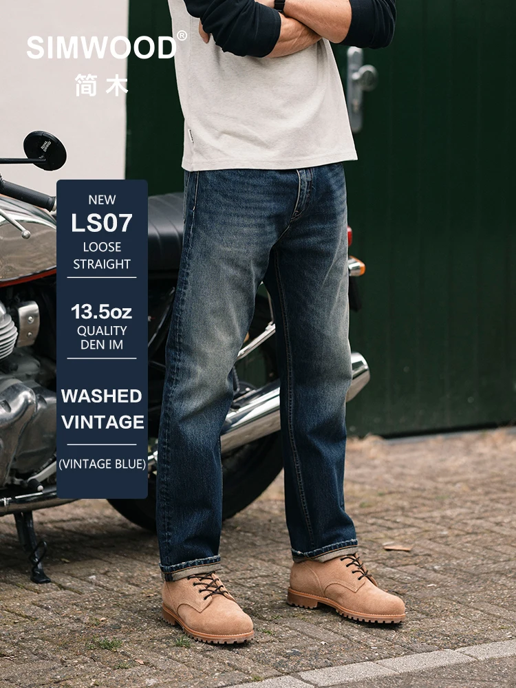 SIMWOOD 2024 Autumn New loose Straight 13.5oz Fabric Washed Vintage Jeans Men Classical Plus Size Denim Trousers