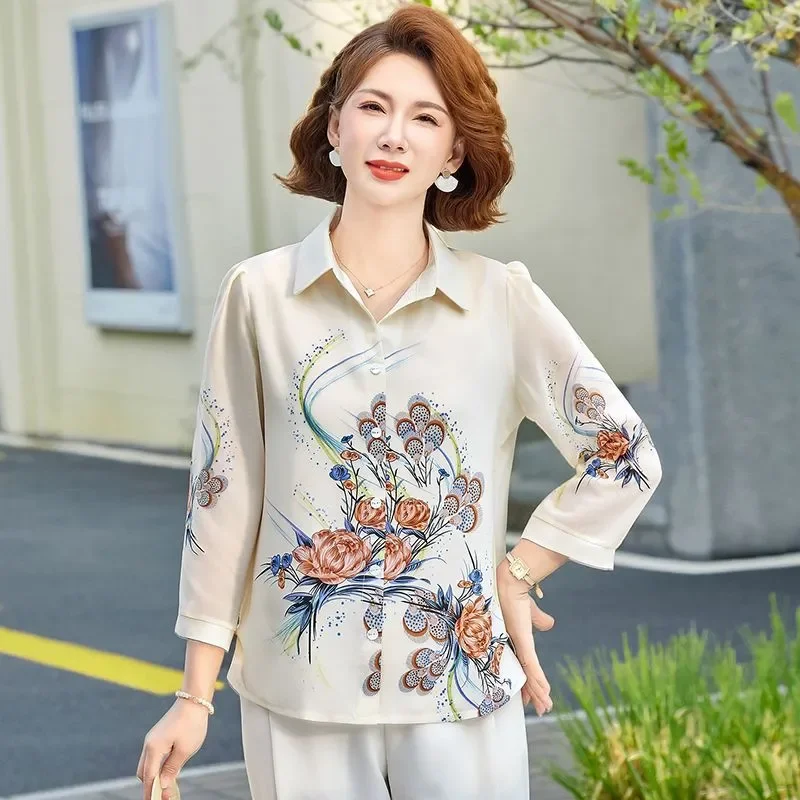 

Women Floral Print Shirt 3/4 Sleeve Lightweight Blouse for Middle Aged