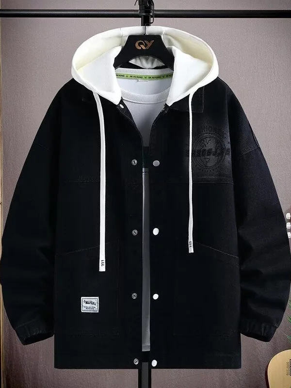

Loose Fit Men's Denim Jaet with Hood Spring Autumn Trendy Brand Hip Haome Teenage Coat Initial High School Students Jaet