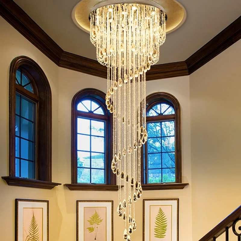 Long Staircase Pendant Lamps Duplex Building Villa Living Room Lamp Modern Minimalist Crystal Hanging Lights For Dining Rooms