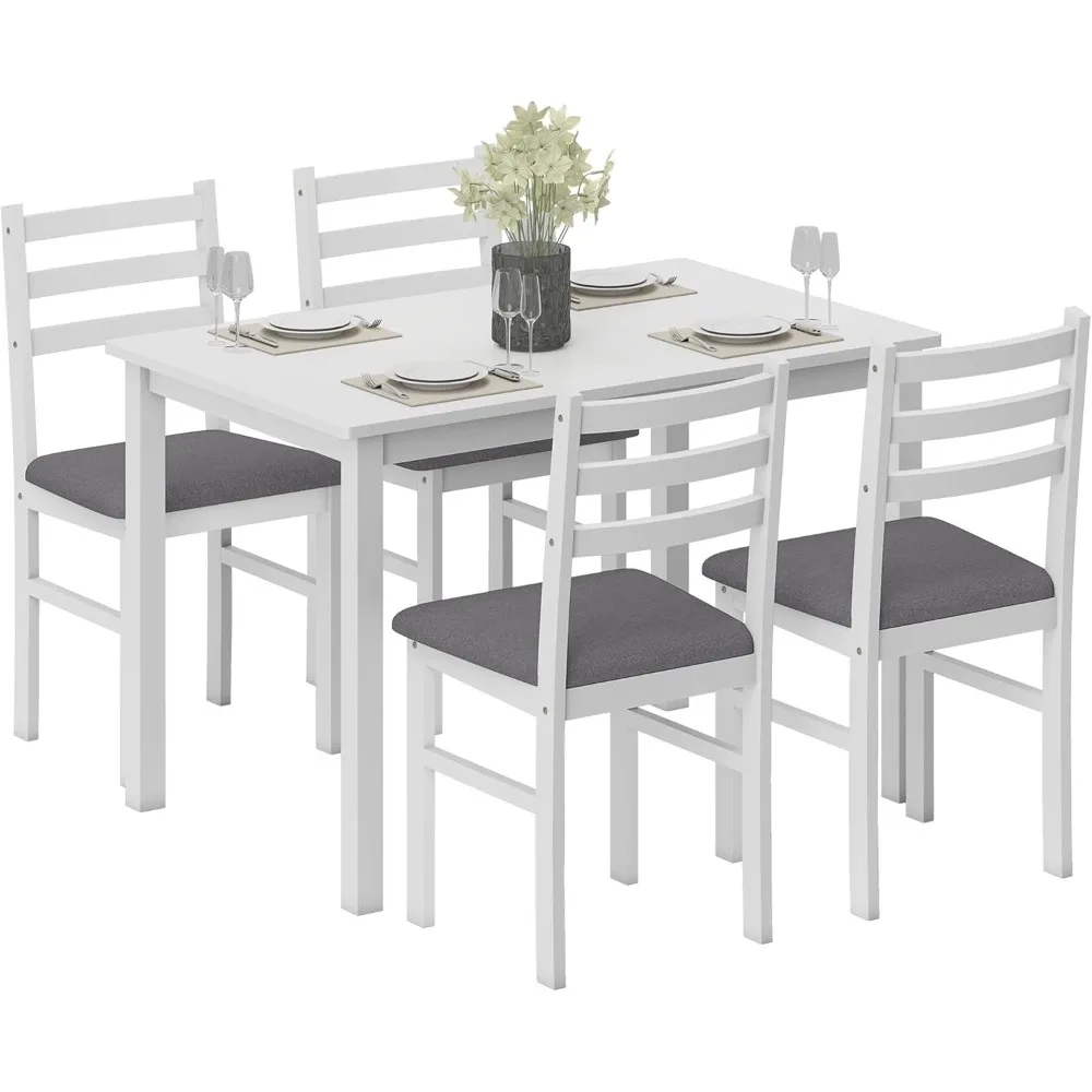 

5-Piece Dining Table Set for 4, Farmhouse Kitchen Table Set with 4 Upholstered Padded Chairs, Solid Wood Legs and Backrest for