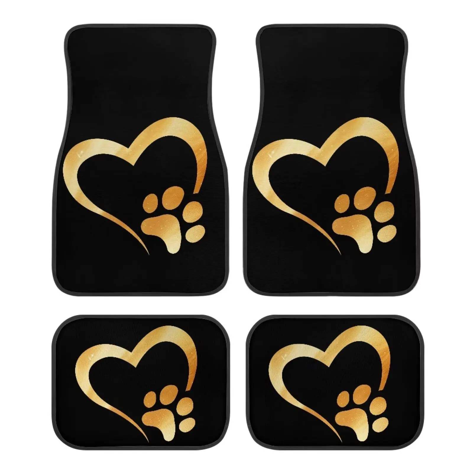 

4pcs Car Floor Mats Set Black Heart Paw Print Design Washable Anti-Slip Auto Front Rear Mat