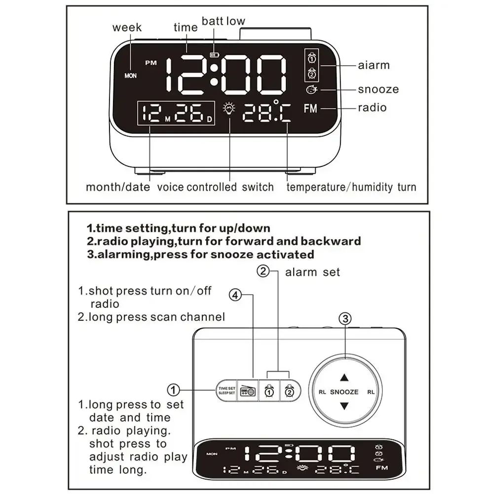 

Function USB Charging Port With Monitoring Dual Led Real-time Alarm Snooze Dimming Temperature Radio Digital Fm Clock Humidity