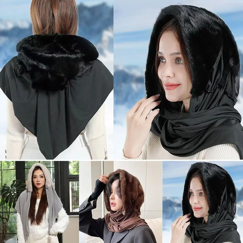 

Зимняя шапка-шаль, меховая интегрированная шапка, шарф в комплекте, шарф из искусственной норки, шапка с капюшоном из искусственного меха, мягкая теплая толстая модная женская шапка