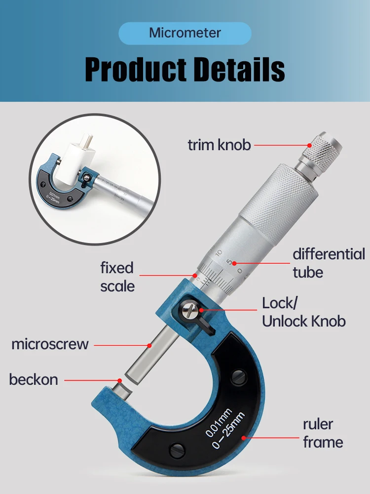 0-25mm Micrometer Tool Outside Micrometer 0.01mm Precise Gauge Micrometer Metal Caliper Measuring Tools Measurement