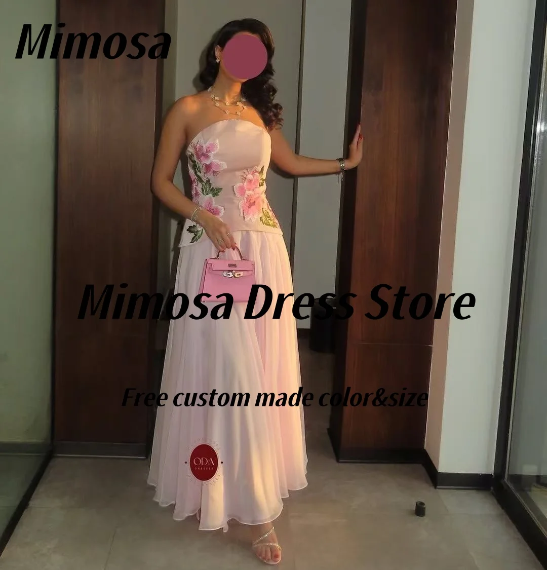 Mimosa 2025 vestidos de fiesta sin tirantes con bordado de flores, vestido de noche a medida, vestido de fiesta de gasa fruncido personalizado