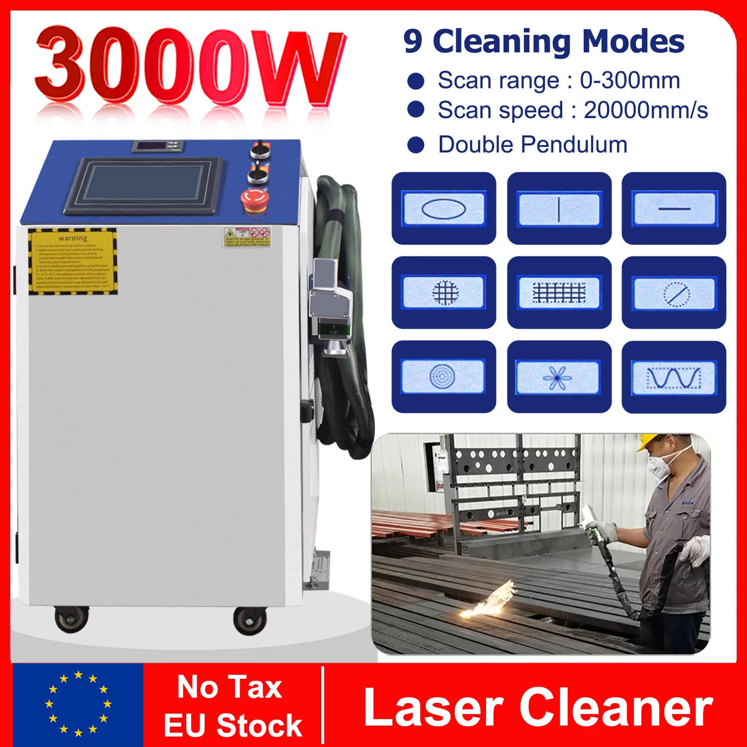 Machine de nettoyage laser 3000W, largeur de nettoyage 300MM, pour élimination de la rouille et des peintures à l'huile sur métal, compatible 2000W 1500W