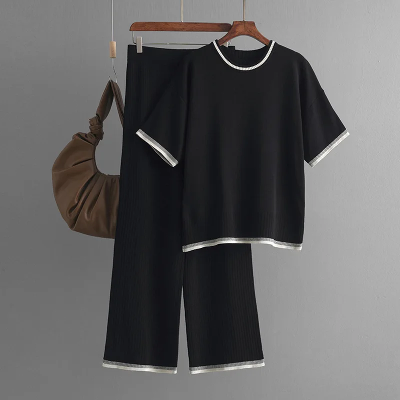 Broeksets Dames Tweedelige gebreide top Korte mouw Ronde hals Truien Patchwork Midi Taille Lange broek Dame Recht Casual