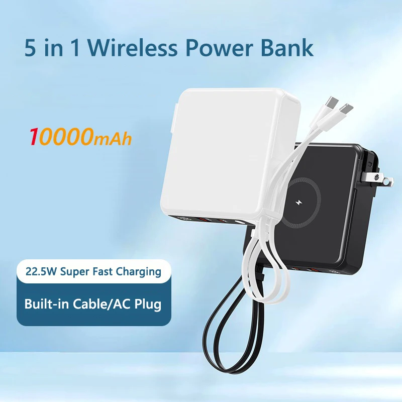 

22.5W Super Fast Charging Power Bank 5 in 1 Wireless Charger Builts AC Plug Cable for iPhone 15 12 Xiaomi Samsung Mini Powerbank